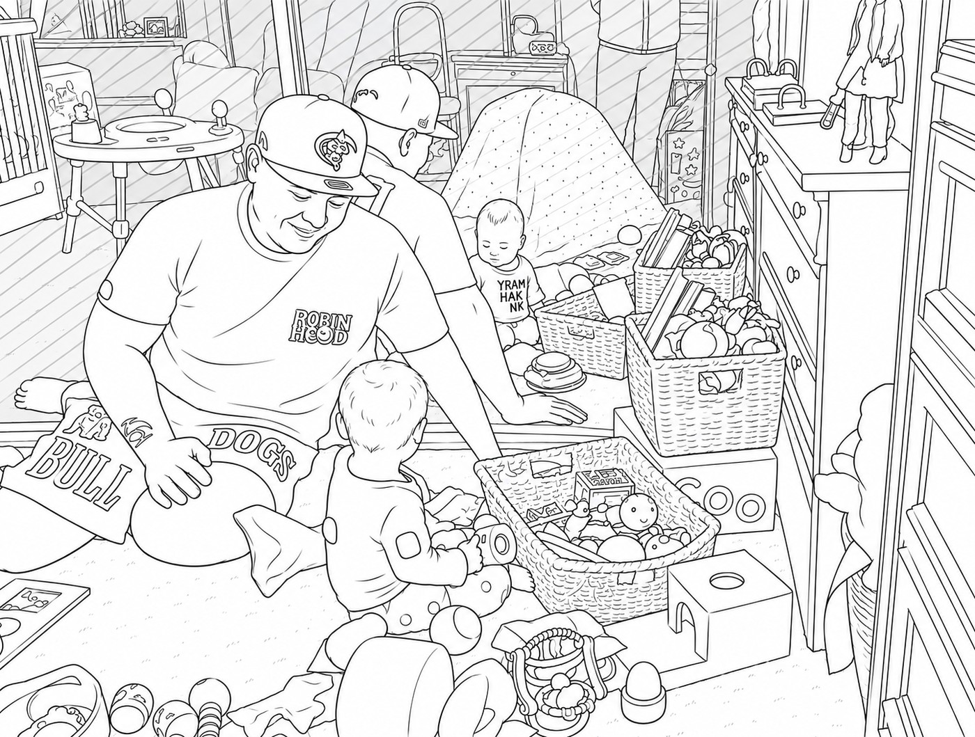 Detailed line-art illustration of two family members playing with children among toy baskets