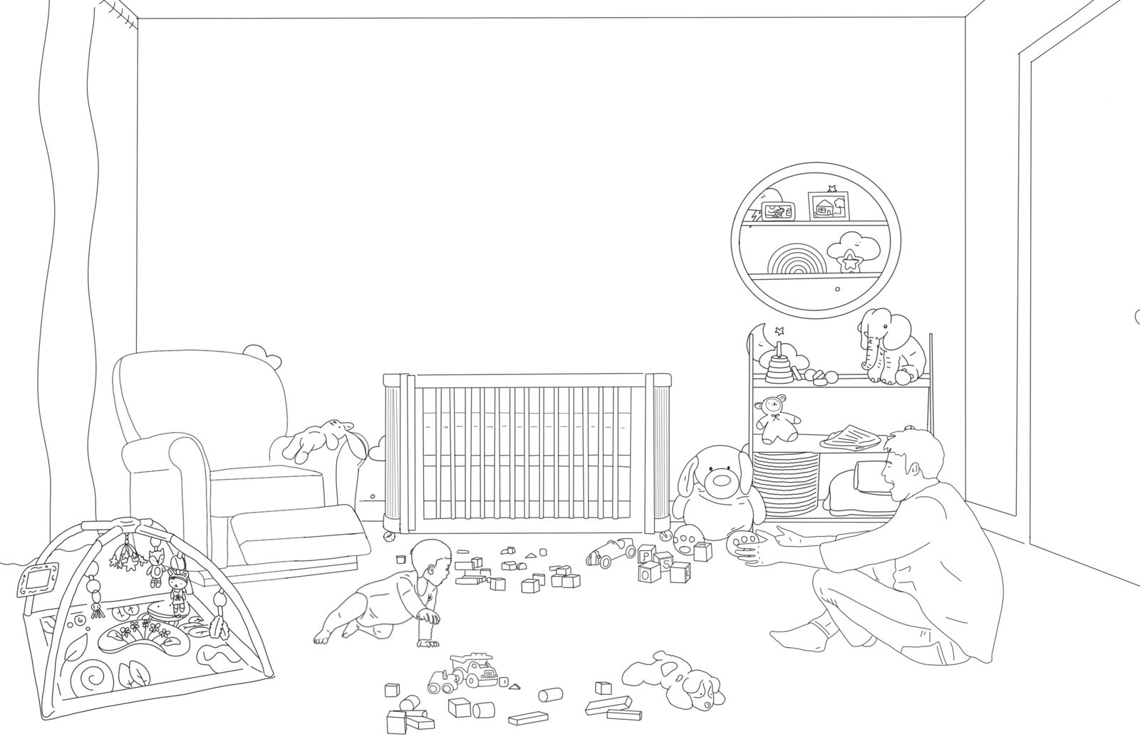 Illustration of an infant playing on the floor of a home nursery, surrounded by toys and a caregiver nearby